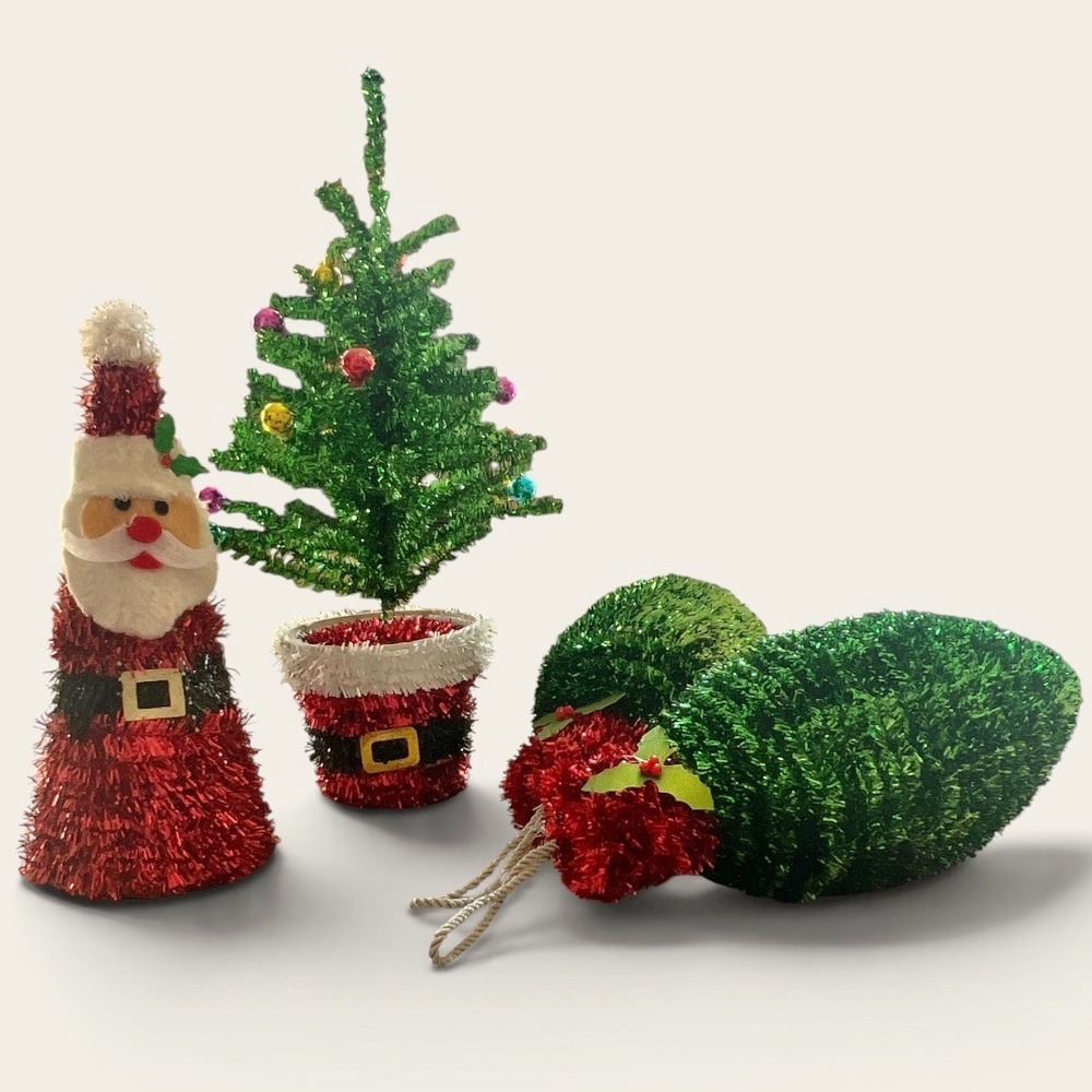 Vintage Tinsel Christmas Decor Set Santa Figure Tabletop Tree Bulb Ornaments
